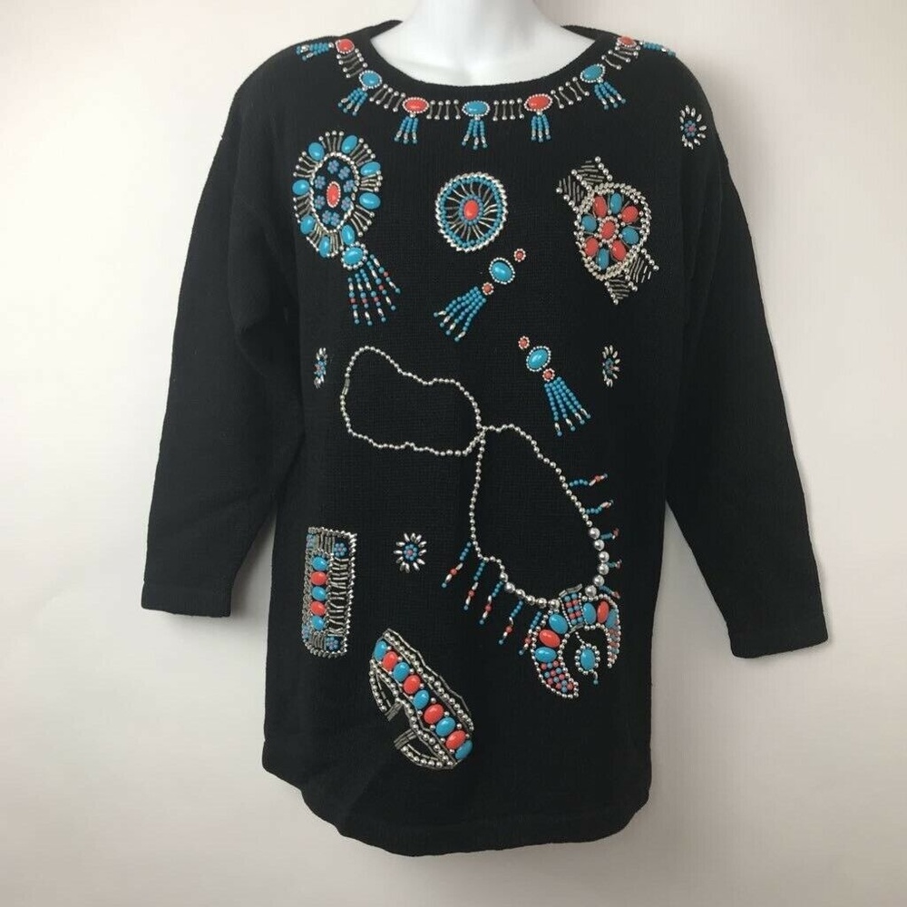 Vtg Studio Collection Sweater Black Jewel Turqoise